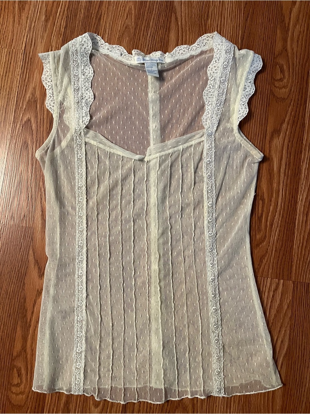 Vintage style sleeveless sheer mess blouse in ivory/cream color.